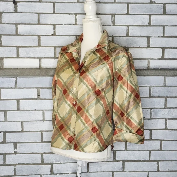 • Selene Sport Women's 3/4 Sleeve Plaid Button Up Blouse Medium Gold Multicolor - Picture 1 of 11